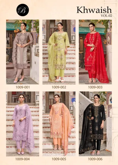 Belliza Khwaish Vol 2: Catalog collage displaying six different colored salwar suits with intricate thread work embroidery.