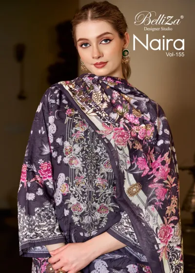 Belliza Naira Vol 155, close-up of a dark grey printed salwar suit with floral patterns and intricate thread work embroidery on the bodice.