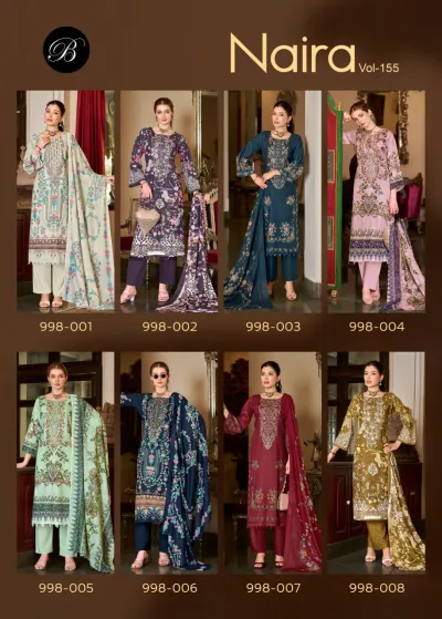 Belliza Naira Vol 155, catalog cover collage showcasing eight different printed salwar suit designs in various colors with thread work embroidery.