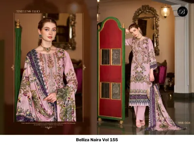 Belliza Naira Vol 155, light pink printed salwar suit with floral patterns and detailed thread work embroidery, paired with a matching dupatta.