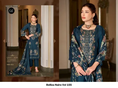 Belliza Naira Vol 155, dark teal blue salwar suit featuring floral prints and delicate thread work embroidery, paired with a matching printed dupatta.