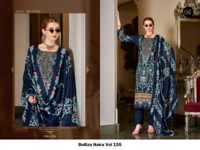 Belliza Naira Vol 155, dark navy blue printed salwar suit with intricate floral motifs and thread work embellishment, worn with a matching dupatta.