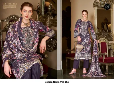 Belliza Naira Vol 155, dark purple printed salwar suit with floral patterns and detailed thread work on the neckline, paired with a matching dupatta.