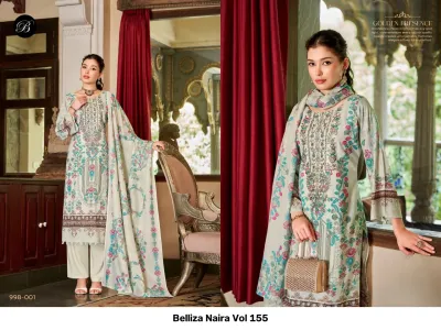 Belliza Naira Vol 155, off-white printed salwar suit with floral patterns and multi-colored thread work embroidery, paired with a matching dupatta.