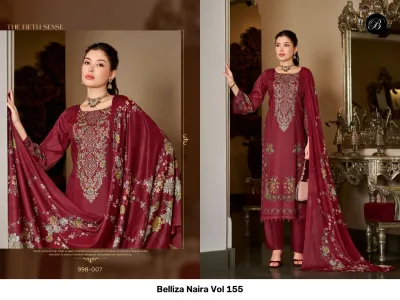 Belliza Naira Vol 155, deep maroon printed salwar suit with floral motifs and elegant thread work detailing, paired with a matching printed dupatta.
