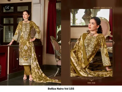 Belliza Naira Vol 155, olive green printed salwar suit featuring floral patterns and elaborate thread work on the bodice, paired with a matching dupatta.