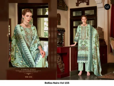 Belliza Naira Vol 155, light mint green printed salwar suit with intricate floral motifs and thread work embroidery, paired with a matching dupatta.