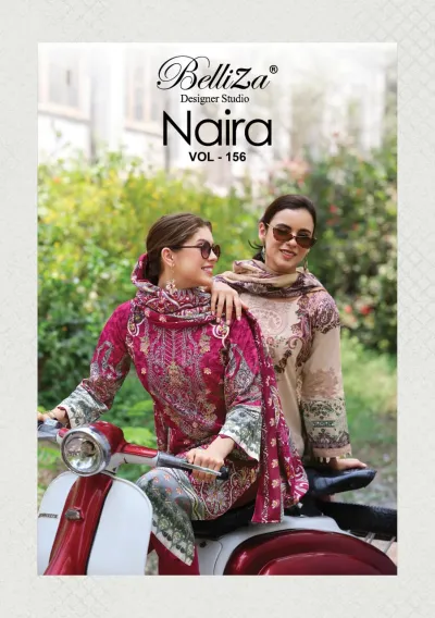 Belliza Naira Vol 156 catalog cover featuring two women posing with a red scooter in printed salwar suits.