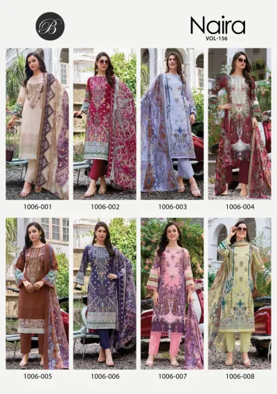 Belliza Naira Vol 156 catalog collage showing eight distinct printed salwar suit designs with matching dupattas.