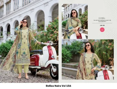 Belliza Naira Vol 156 collage featuring a light green printed salwar suit with dupatta and matching trousers.
