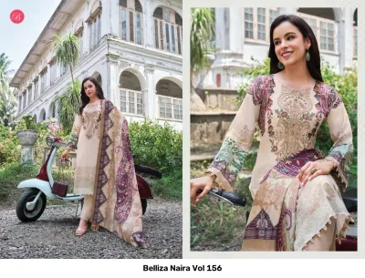 Belliza Naira Vol 156, cream-colored printed salwar suit with intricate thread work detail and a matching patterned dupatta.