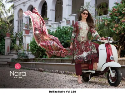 Belliza Naira Vol 156, deep maroon printed salwar suit with detailed embroidery and a flowy matching dupatta.