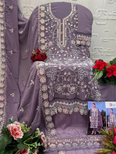 Bilqis B 160 A 2 To D 2 purple salwar suit with floral embroidery, heavy bead work, and matching dupatta.