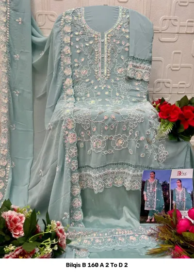 Bilqis B 160 A 2 To D 2 light blue salwar suit with floral embroidery, heavy bead work, and matching dupatta.