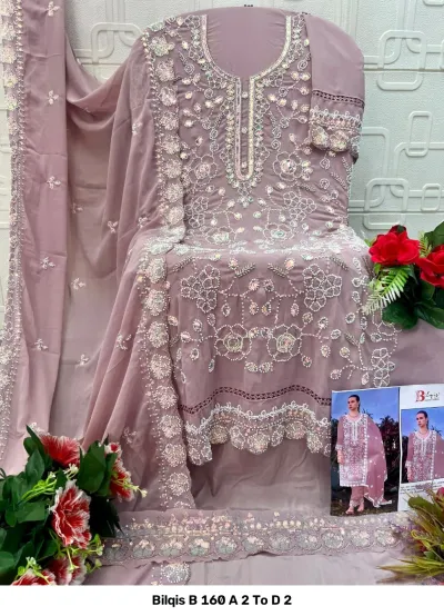 Bilqis B 160 A 2 To D 2 light purple salwar suit with floral embroidery, heavy bead work, and matching dupatta.