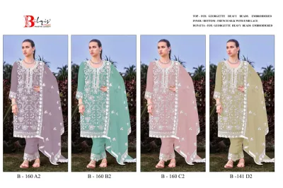 Bilqis B 160 A 2 To D 2 catalog cover showing four color variants of embroidered Pakistani salwar suits.