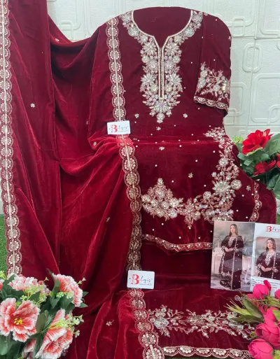 Bilqis B 231 ABCD maroon velvet salwar suit with intricate handwork embroidery, pearl embellishments, and a matching scalloped-edge dupatta.