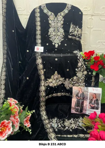 Bilqis B 231 ABCD black velvet salwar suit featuring heavy thread and zari embroidery, pearl accents, and an embroidered scalloped dupatta.