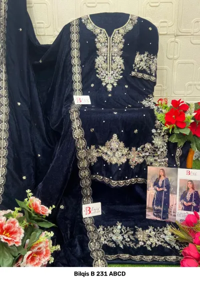 Bilqis B 231 ABCD dark blue velvet salwar suit with elaborate embroidery, pearl embellishments, and a matching embroidered velvet dupatta.