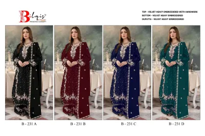Bilqis B 231 ABCD catalog collage showcasing four velvet salwar suit designs in black, maroon, navy blue, and teal with heavy handwork.