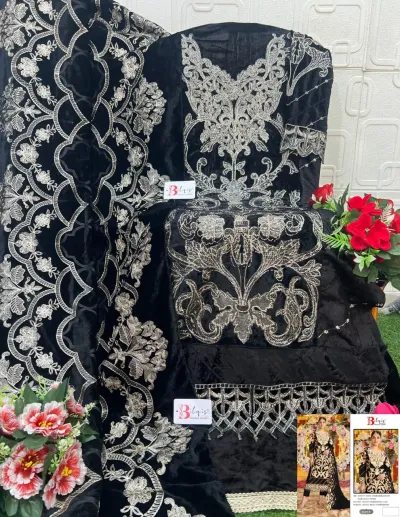 Bilqis B 235 ABCD: black velvet salwar suit with silver thread embroidery and heavy embellishments on the kurti and dupatta.