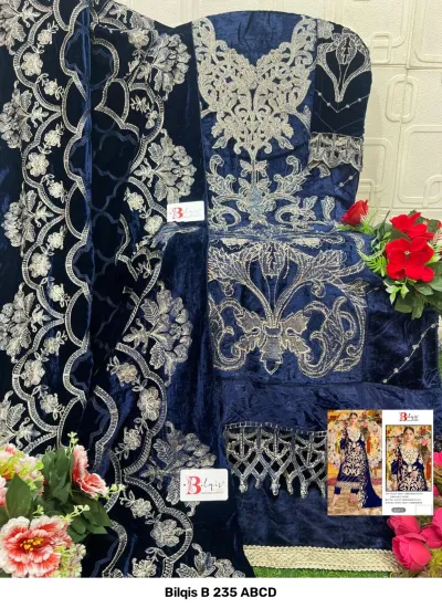 Bilqis B 235 ABCD: deep blue velvet salwar suit set with ornate silver thread work and matching heavily embroidered dupatta.