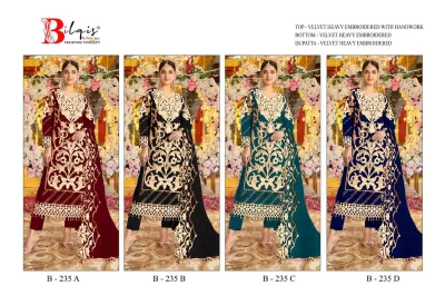 Bilqis B 235 ABCD: catalog collage showing four variations of a velvet salwar suit set in different colors with matching embroidered dupatta.