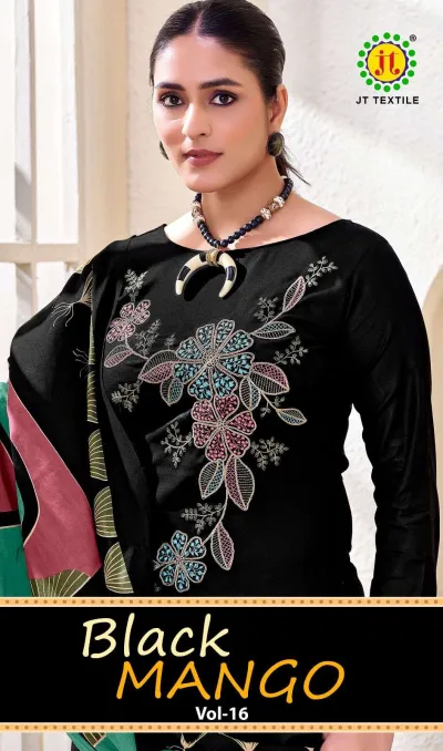 Black Mango Vol 16: Close-up of a black kurti featuring floral thread work embroidery, worn with a printed dupatta.
