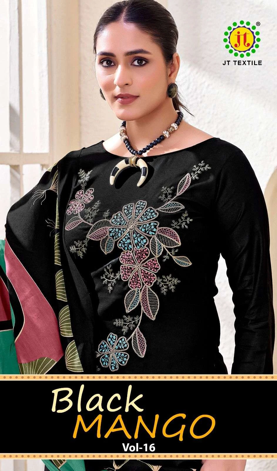 Black Mango Vol 16: Close-up of a black kurti featuring floral thread work embroidery, worn with a printed dupatta.