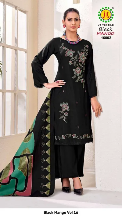 Black Mango Vol 16: Black salwar suit with floral thread work embroidery and a contrasting geometric printed dupatta.