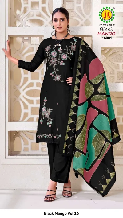 Black Mango Vol 16: Black kurti and pants set with floral thread work, paired with a colorful abstract printed dupatta.