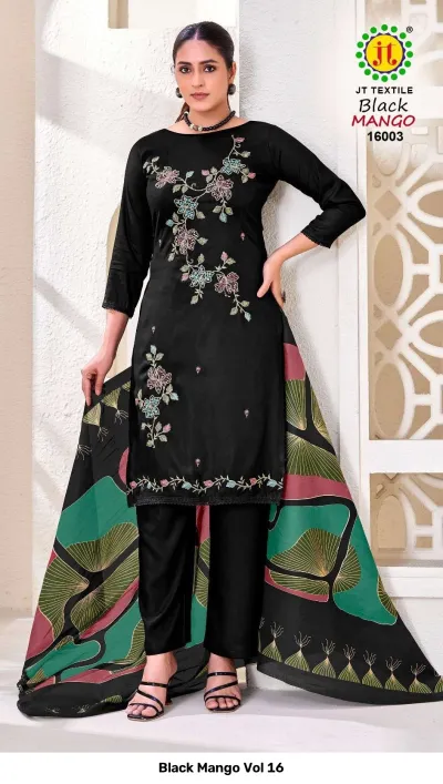 Black Mango Vol 16: Black kurti with floral thread work embroidery and wide-leg trousers, styled with a multi-colored printed dupatta.