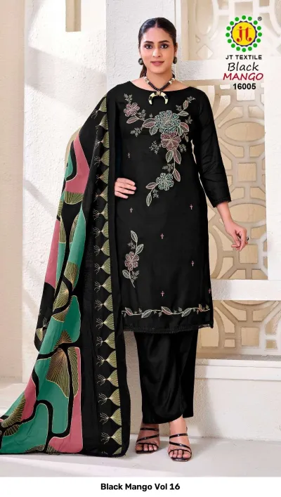 Black Mango Vol 16: Black salwar kameez with floral thread work embellishments and a decorative multi-colored printed dupatta.