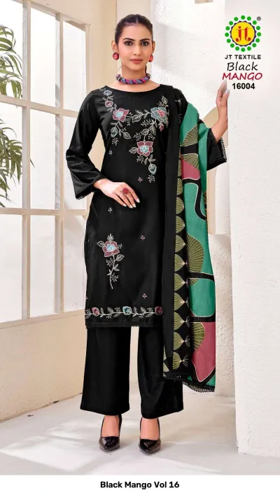 Black Mango Vol 16: Black kurti and trousers featuring floral thread work embroidery, paired with a patterned multi-colored dupatta.