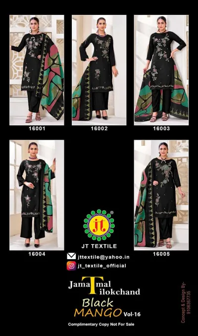 Black Mango Vol 16: Catalog collage showing five different black salwar suit designs with floral embroidery and printed dupattas.