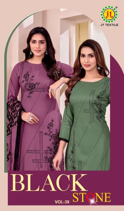 Black Stone Vol 39 catalog cover showing multiple models wearing different colored salwar suits with floral thread work embroidery and matching printed dupattas.