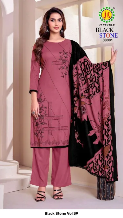 Black Stone Vol 39 mauve salwar suit with floral thread work, plain kurti and pants, and a black floral printed dupatta.