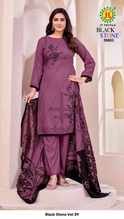 Black Stone Vol 39 purple salwar suit with floral thread work embroidery and a black patterned printed dupatta.