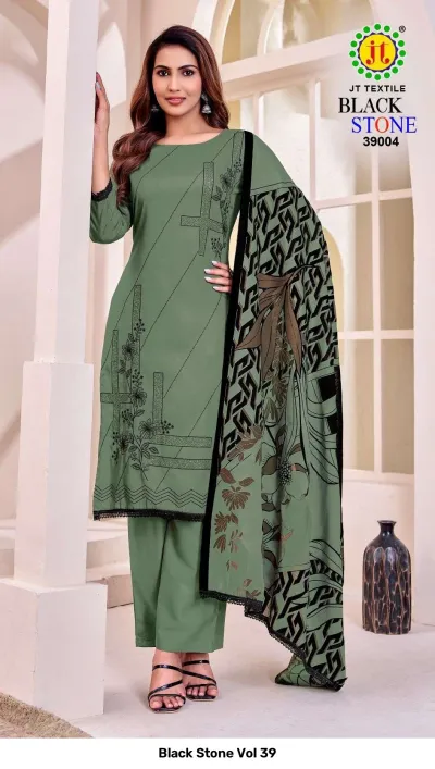 Black Stone Vol 39 sage green salwar suit with floral thread work embroidery and a black patterned printed dupatta.