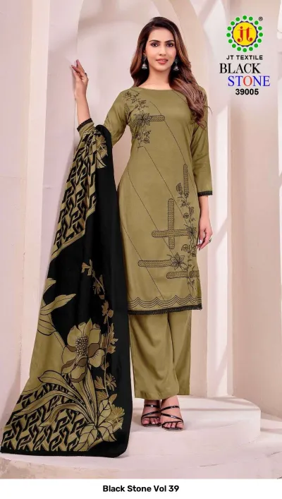 Black Stone Vol 39 olive green salwar suit with floral thread work embroidery and a black floral printed dupatta.