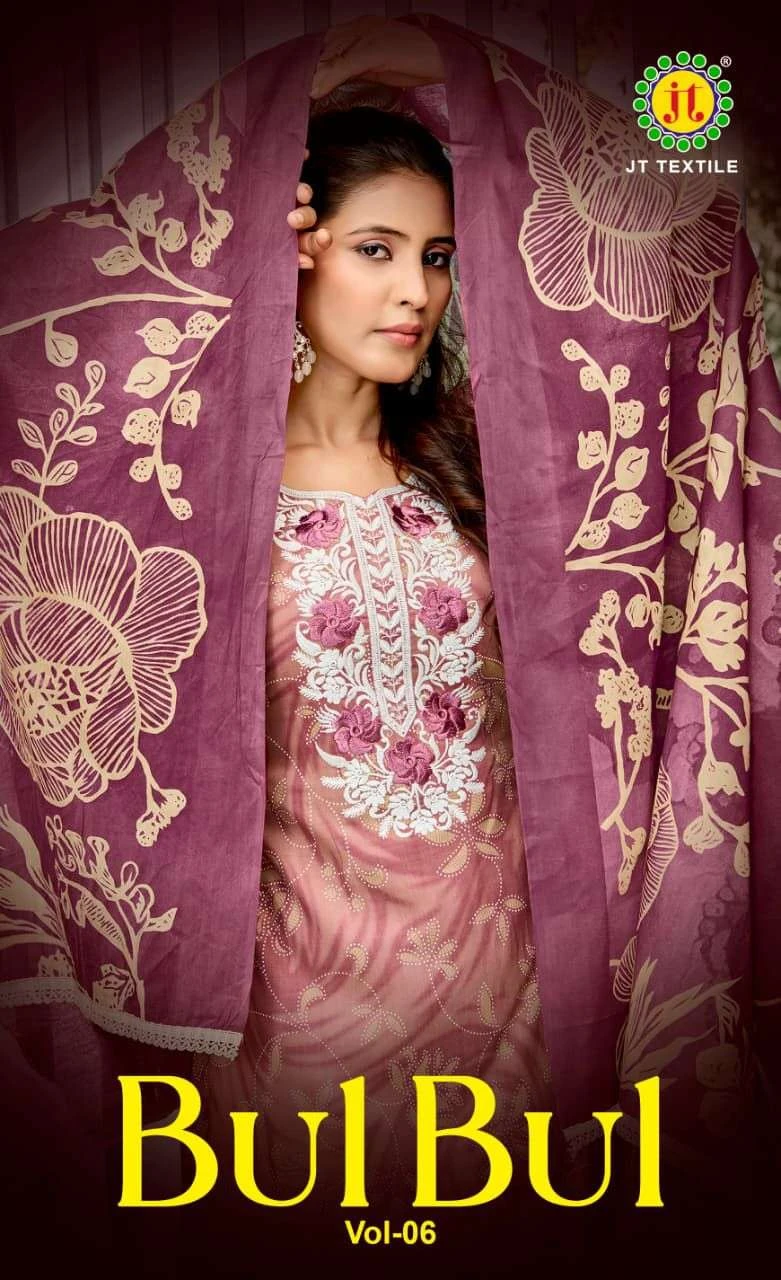 Bulbul Vol 6: A catalog cover featuring close-up portrait of a woman wearing a mauve, floral printed suit with white thread work neck embroidery.