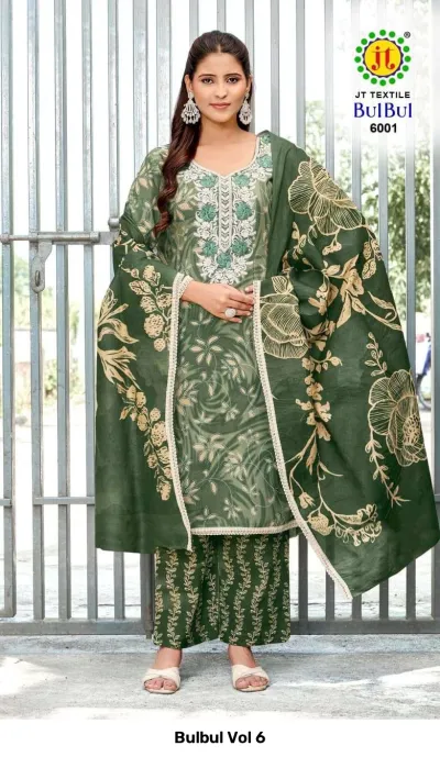 Bulbul Vol 6: Green salwar suit with floral prints, matching dupatta, and white thread work embroidery on the neckline.