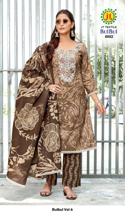 Bulbul Vol 6: Brown salwar suit featuring floral prints, matching printed dupatta, and intricate white thread work on the neck.