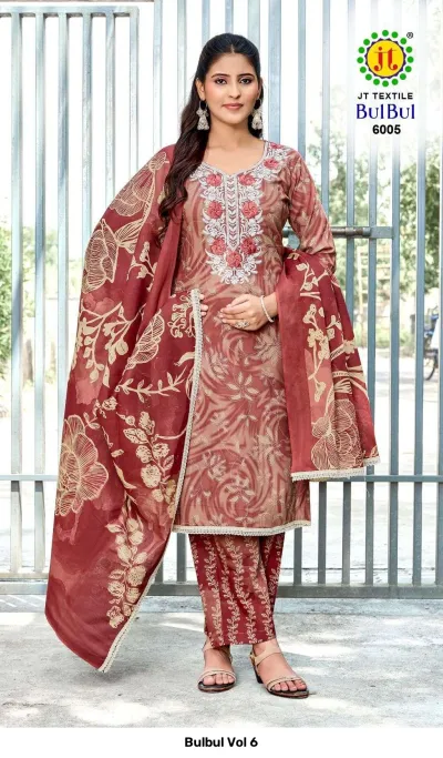 Bulbul Vol 6: Red-toned salwar suit with a floral print, matching dupatta, and white thread work embroidery on the kurti neck.