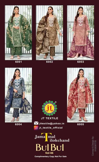 Bulbul Vol 6: A catalog collage displaying five different color variations of floral printed salwar suits with thread work necklines.