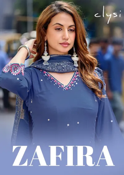 Clysi Zafira: Close-up of a blue salwar suit featuring delicate thread and bead embellishment on the neckline and sleeves with a dupatta.