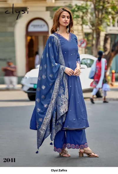 Clysi Zafira Vol 2041: Blue salwar suit with wide-leg pants and a patterned dupatta featuring intricate thread work and traditional border details.