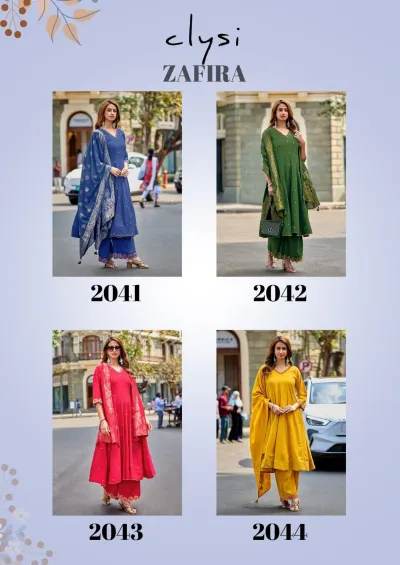Clysi Zafira: Catalog cover collage displaying four different salwar suit designs in blue, green, red, and yellow with matching dupattas and pants.