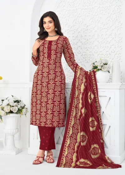 Darmi Vaani Vol 2, maroon salwar suit with all-over cream printed pattern, includes printed dupatta and matching straight-leg trousers.