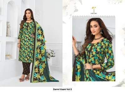 Darmi Vaani Vol 2, catalog image showing a black kurti with bright green and blue floral print, paired with matching printed salwar suit set.
